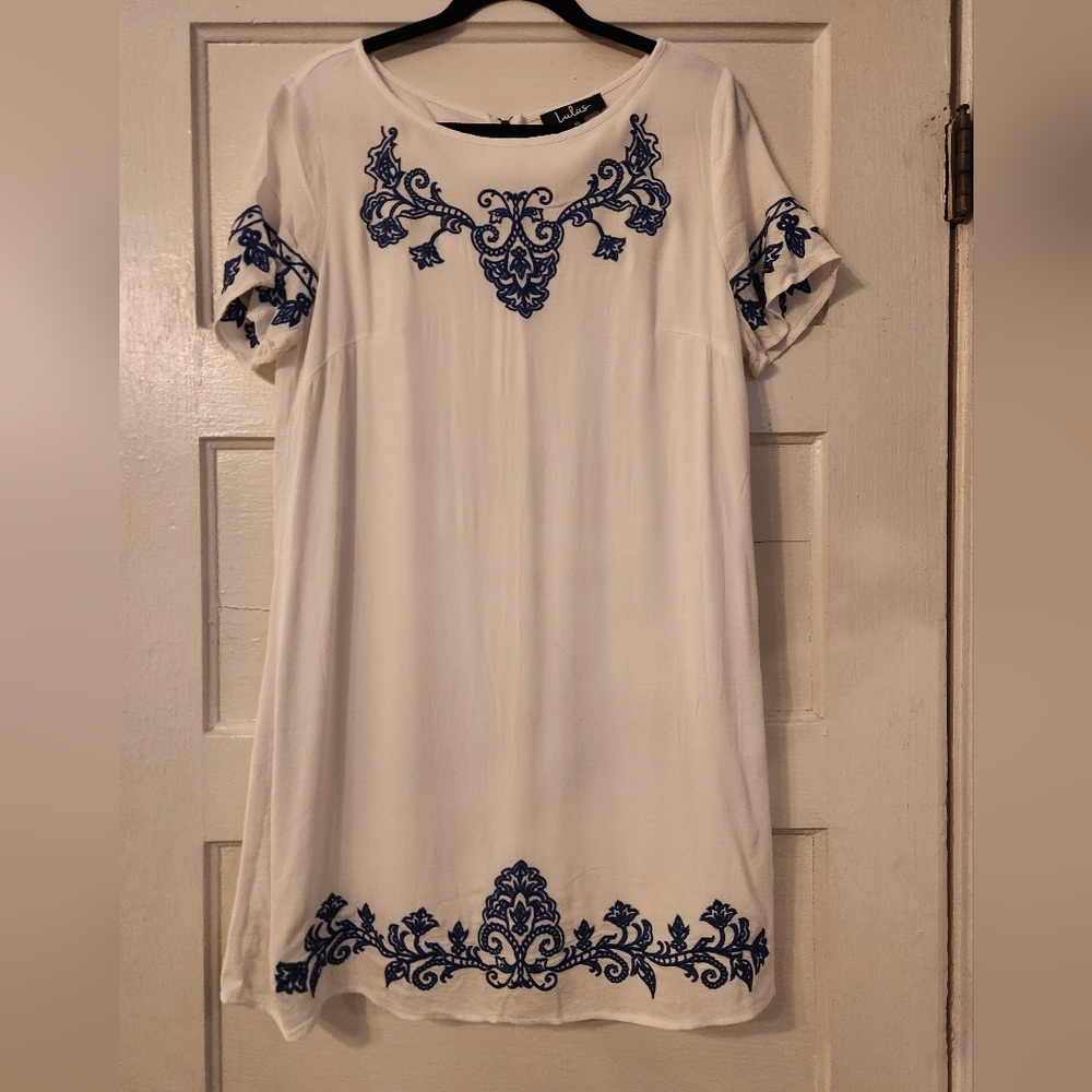 Lulu's Mini Dress, Tale to Tell Blue and Ivory Embroidered Shift, Size XL, Party - Picture 2 of 12